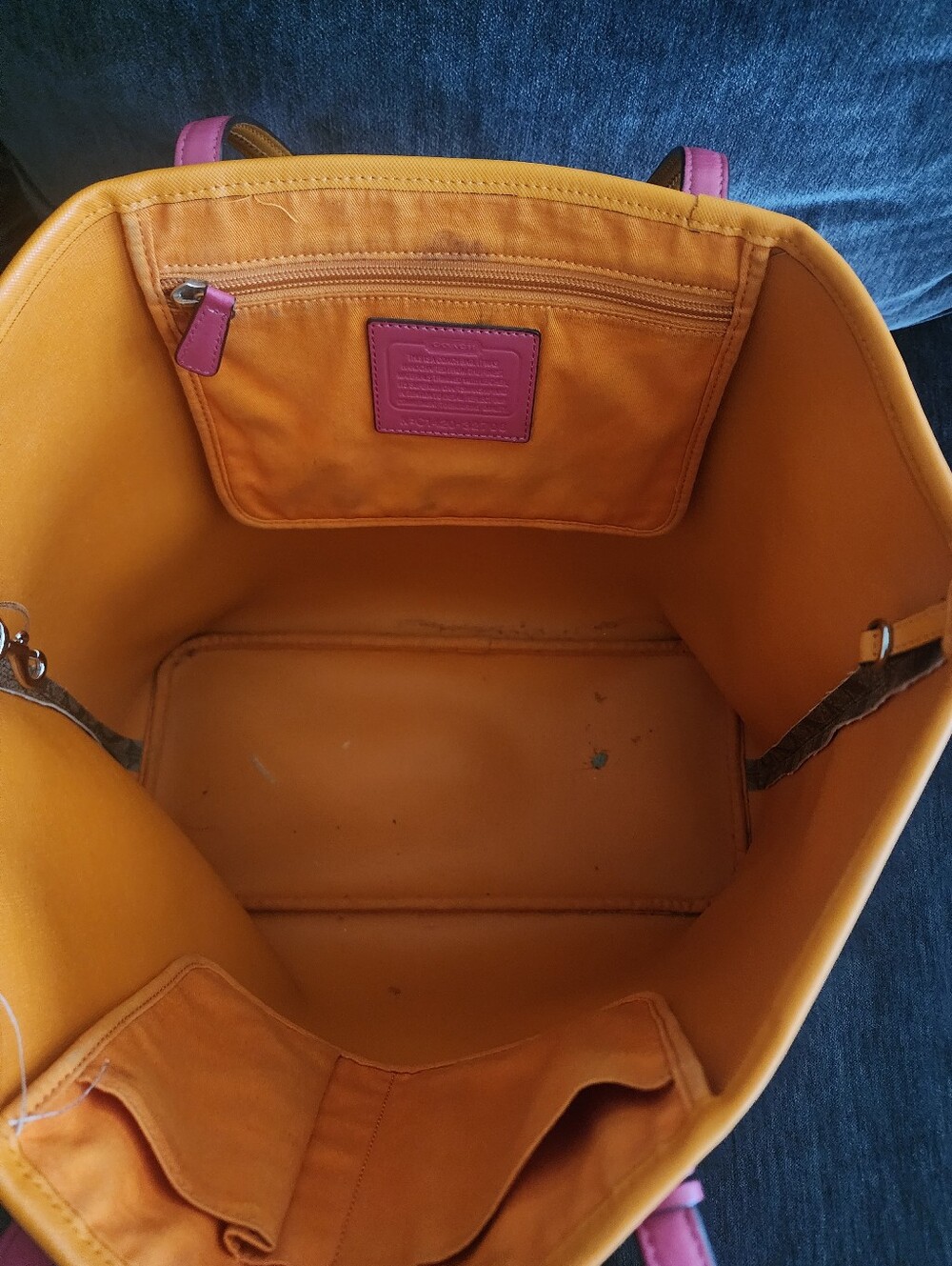 COACH Tan Signature Canvas Tote with Orange Trim and Pink Handles - Picture 6 of 11